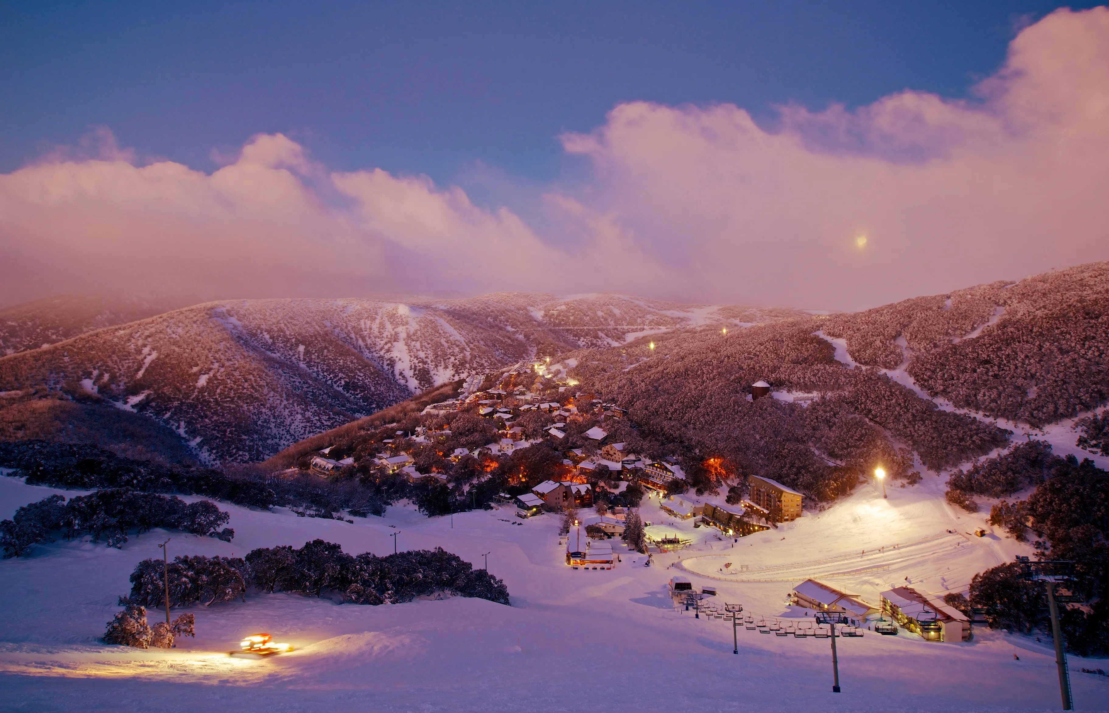 Snow-covered alpine village and ski slopes at Falls Creek during winter